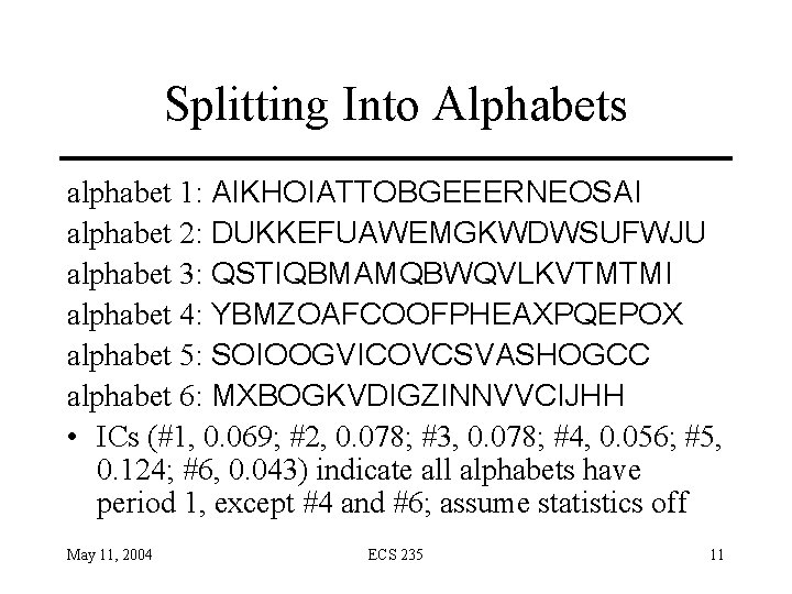 Splitting Into Alphabets alphabet 1: AIKHOIATTOBGEEERNEOSAI alphabet 2: DUKKEFUAWEMGKWDWSUFWJU alphabet 3: QSTIQBMAMQBWQVLKVTMTMI alphabet 4: