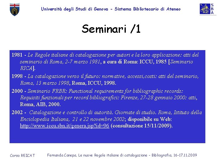 Università degli Studi di Genova - Sistema Bibliotecario di Ateneo Seminari /1 1981 -