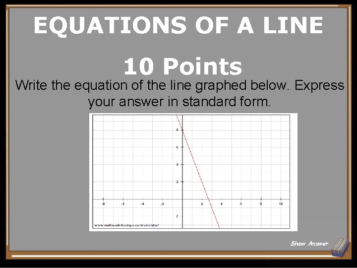 EQUATIONS OF A LINE 10 Points Write the equation of the line graphed below.