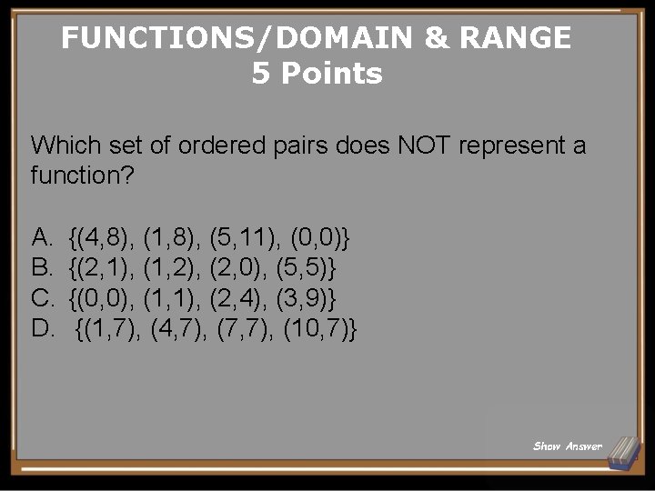 FUNCTIONS/DOMAIN & RANGE 5 Points Which set of ordered pairs does NOT represent a