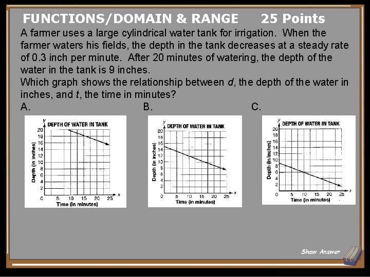 FUNCTIONS/DOMAIN & RANGE 25 Points A farmer uses a large cylindrical water tank for FUNCTIONS/DOMAIN & RANGE 25 Points A farmer uses a large cylindrical water tank for
