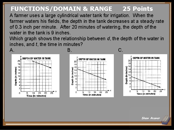 FUNCTIONS/DOMAIN & RANGE 25 Points A farmer uses a large cylindrical water tank for