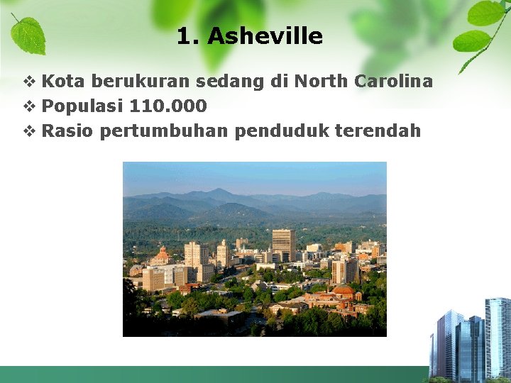 1. Asheville v Kota berukuran sedang di North Carolina v Populasi 110. 000 v