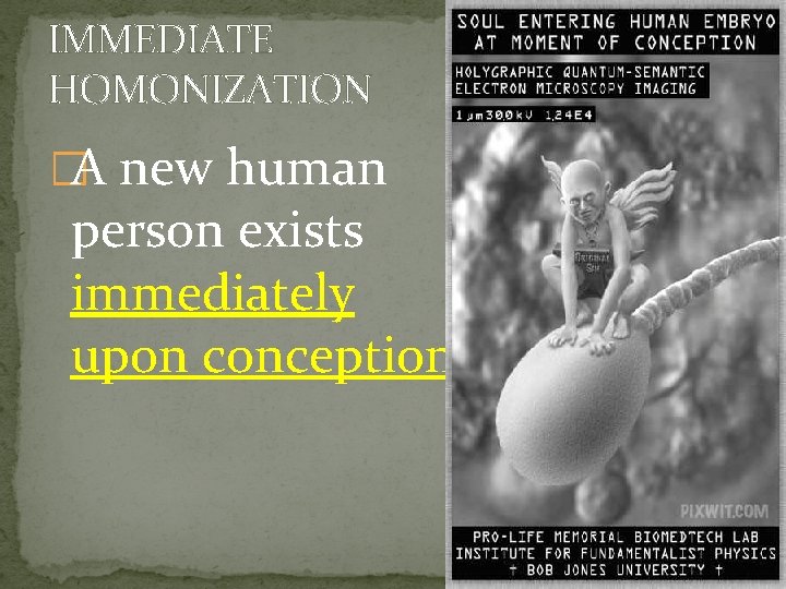 IMMEDIATE HOMONIZATION �A new human person exists immediately upon conception 