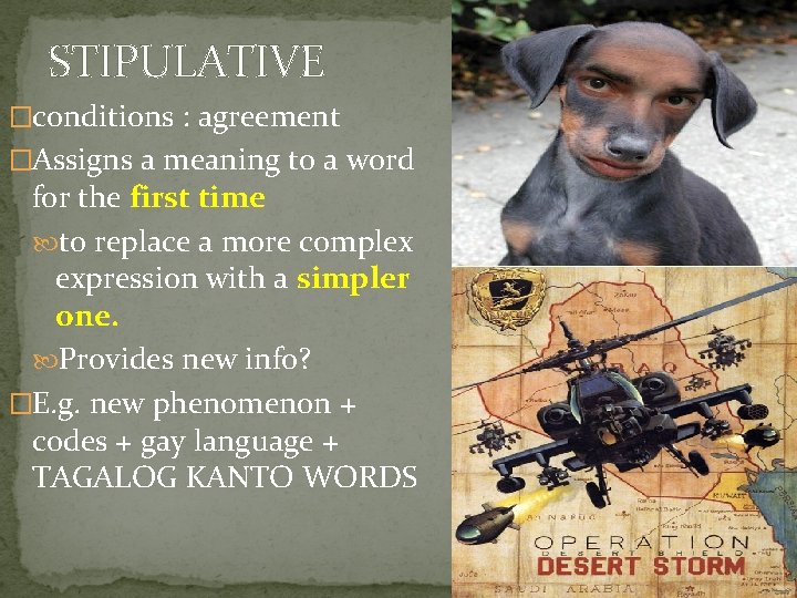 STIPULATIVE �conditions : agreement �Assigns a meaning to a word for the first time
