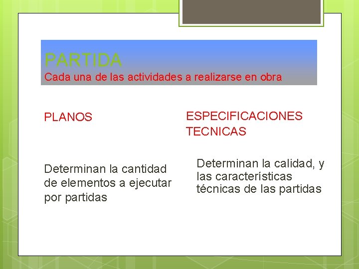 PARTIDA Cada una de las actividades a realizarse en obra PLANOS Determinan la cantidad