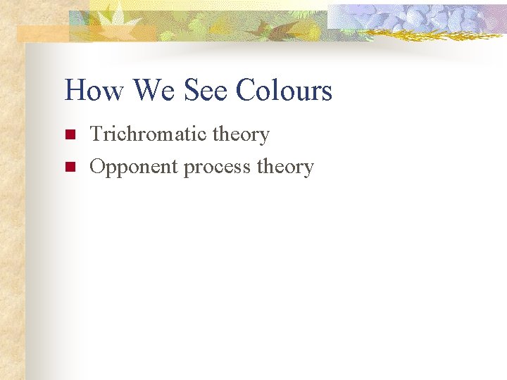 How We See Colours n n Trichromatic theory Opponent process theory 