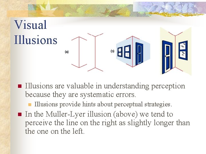 Visual Illusions n Illusions are valuable in understanding perception because they are systematic errors.
