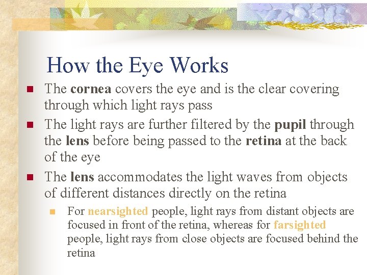 How the Eye Works n n n The cornea covers the eye and is