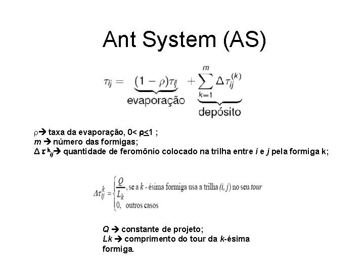 Ant System (AS) r taxa da evaporação, 0< <1 ; m número das formigas;