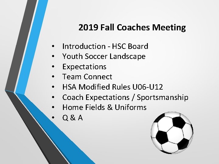 2019 Fall Coaches Meeting • • Introduction - HSC Board Youth Soccer Landscape Expectations