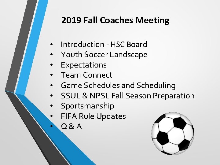 2019 Fall Coaches Meeting • • • Introduction - HSC Board Youth Soccer Landscape
