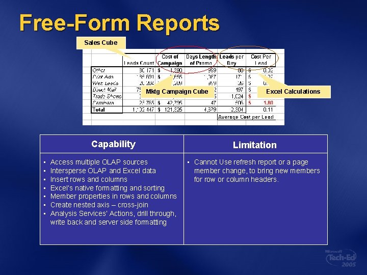 Free-Form Reports Sales Cube Mktg Campaign Cube • • Excel Calculations Capability Limitation Access Free-Form Reports Sales Cube Mktg Campaign Cube • • Excel Calculations Capability Limitation Access