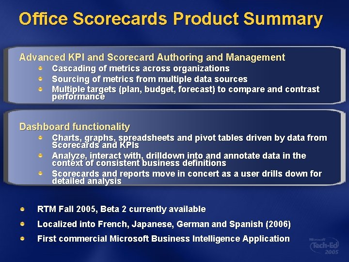 Office Scorecards Product Summary Advanced KPI and Scorecard Authoring and Management Cascading of metrics Office Scorecards Product Summary Advanced KPI and Scorecard Authoring and Management Cascading of metrics