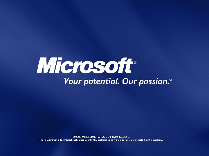 © 2005 Microsoft Corporation. All rights reserved. This presentation is for informational purposes only. © 2005 Microsoft Corporation. All rights reserved. This presentation is for informational purposes only.