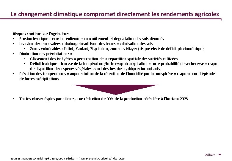 Le changement climatique compromet directement les rendements agricoles Risques continus sur l’agriculture • Erosion