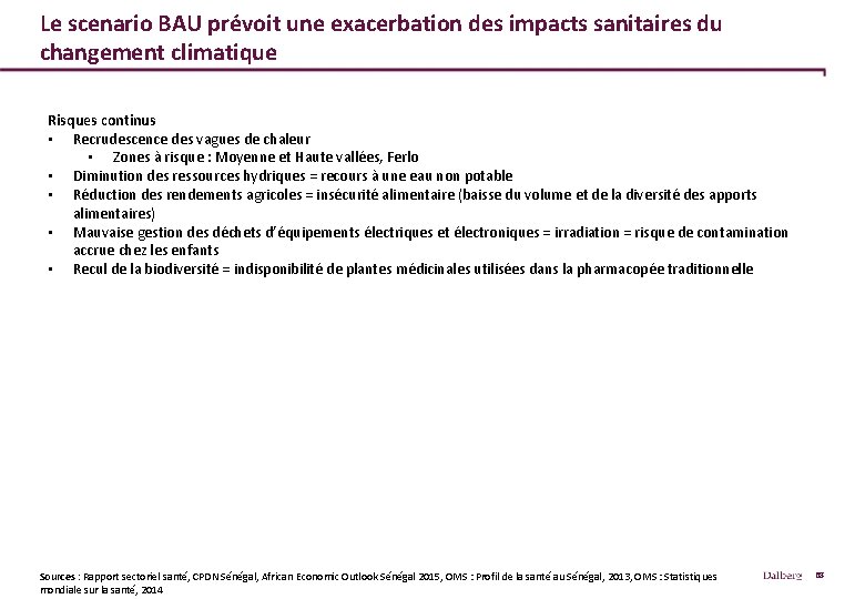 Le scenario BAU prévoit une exacerbation des impacts sanitaires du changement climatique Risques continus