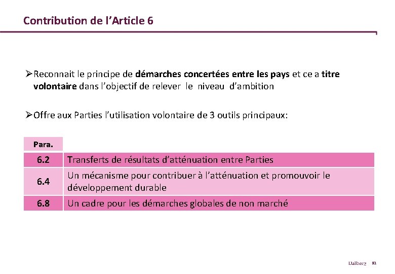 Contribution de l’Article 6 ØReconnait le principe de démarches concertées entre les pays et