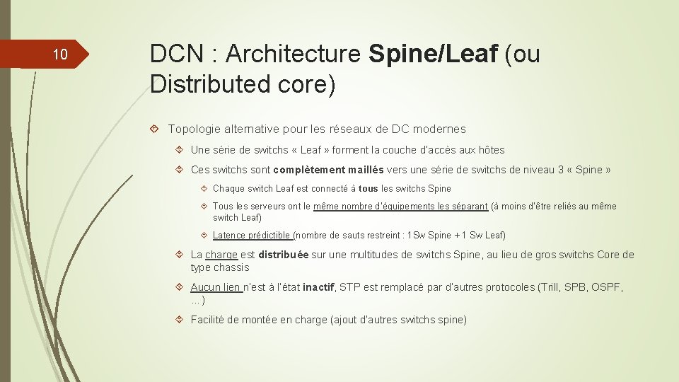 10 DCN : Architecture Spine/Leaf (ou Distributed core) Topologie alternative pour les réseaux de