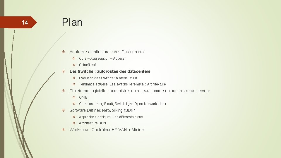 14 Plan Anatomie architecturale des Datacenters Core – Aggregation – Access Spine/Leaf Les Switchs