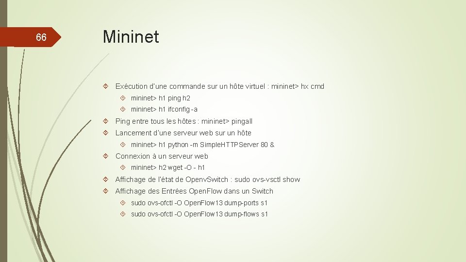 66 Mininet Exécution d’une commande sur un hôte virtuel : mininet> hx cmd mininet>