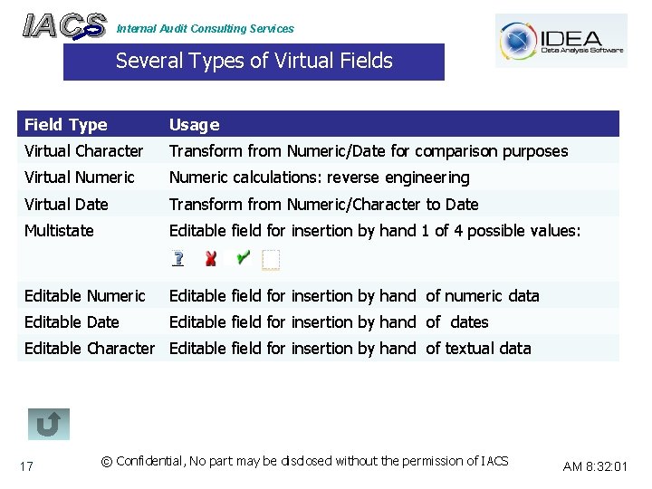 Internal Audit Consulting Services Several Types of Virtual Fields Field Type Usage Virtual Character