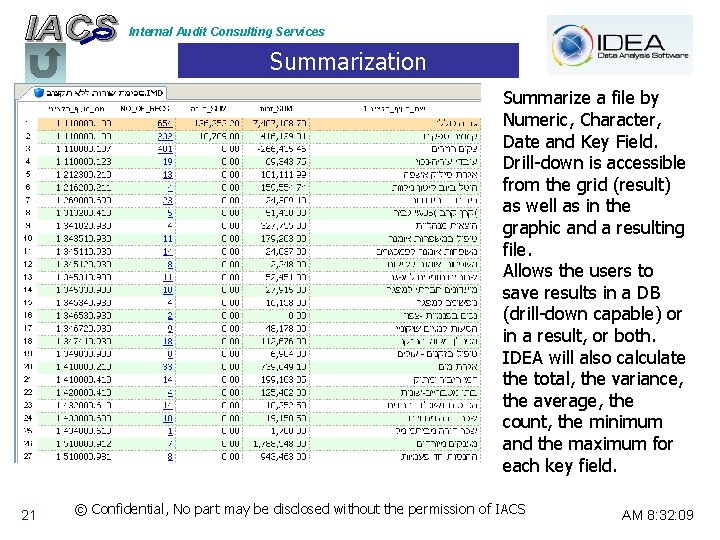 Internal Audit Consulting Services Summarization Summarize a file by Numeric, Character, Date and Key