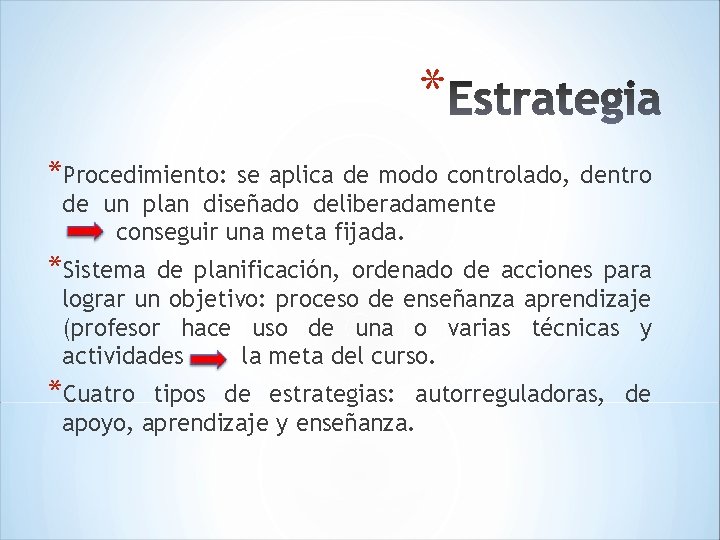 * *Procedimiento: se aplica de modo controlado, dentro de un plan diseñado deliberadamente conseguir