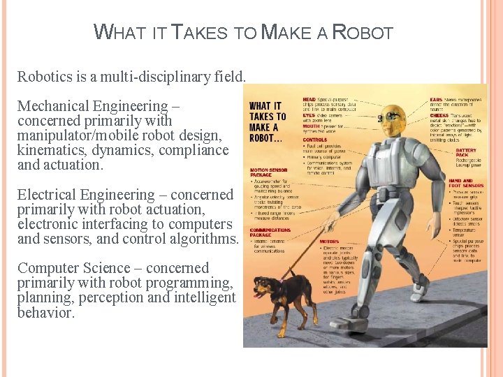 WHAT IT TAKES TO MAKE A ROBOT Robotics is a multi-disciplinary field. Mechanical Engineering