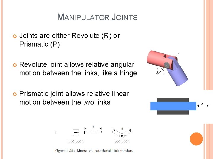 MANIPULATOR JOINTS Joints are either Revolute (R) or Prismatic (P) Revolute joint allows relative