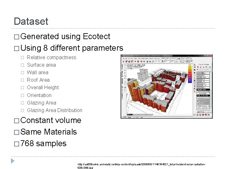 Dataset � Generated using Ecotect � Using 8 different parameters � Relative compactness �