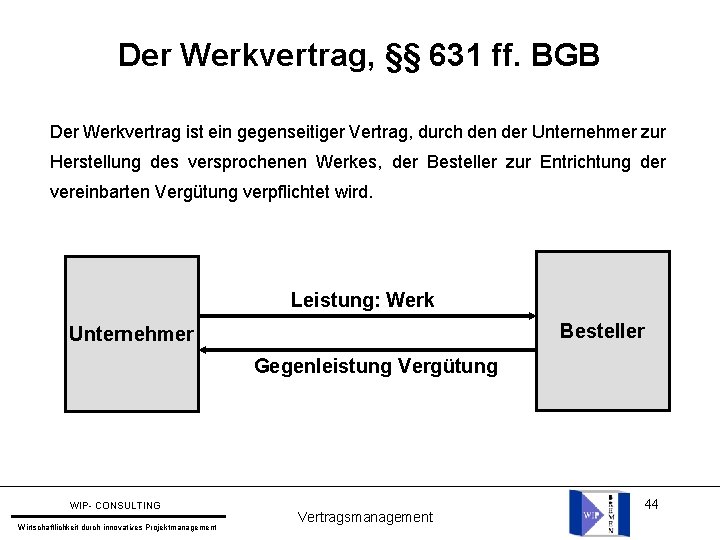 Der Werkvertrag, §§ 631 ff. BGB Der Werkvertrag ist ein gegenseitiger Vertrag, durch den