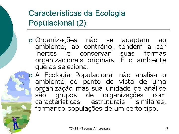 Características da Ecologia Populacional (2) ¡ ¡ Organizações não se adaptam ao ambiente, ao