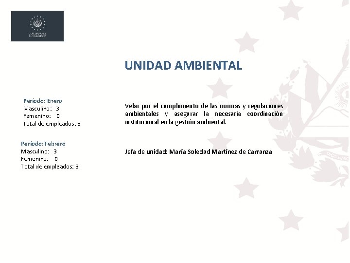 UNIDAD AMBIENTAL Período: Enero Masculino: 3 Femenino: 0 Total de empleados: 3 Período: Febrero