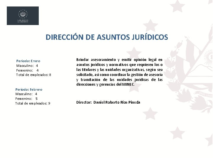 DIRECCIÓN DE ASUNTOS JURÍDICOS Período: Enero Masculino: 4 Femenino: 4 Total de empleados: 8