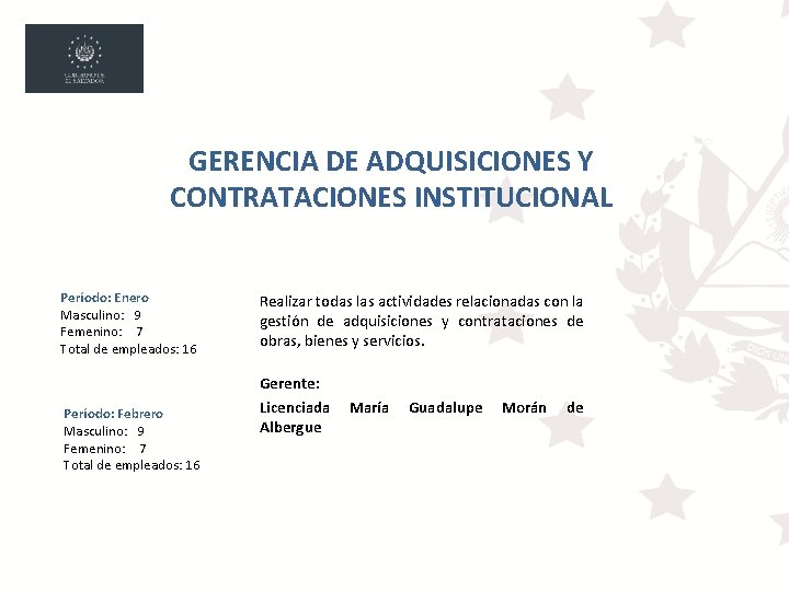 GERENCIA DE ADQUISICIONES Y CONTRATACIONES INSTITUCIONAL Período: Enero Masculino: 9 Femenino: 7 Total de