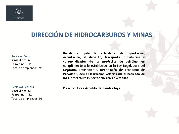 DIRECCIÓN DE HIDROCARBUROS Y MINAS Período: Enero Masculino: 65 Femenino: 31 Total de empleados: