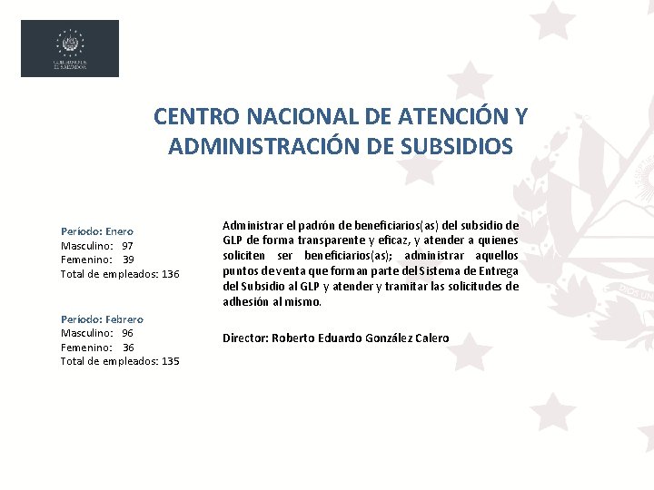 CENTRO NACIONAL DE ATENCIÓN Y ADMINISTRACIÓN DE SUBSIDIOS Período: Enero Masculino: 97 Femenino: 39