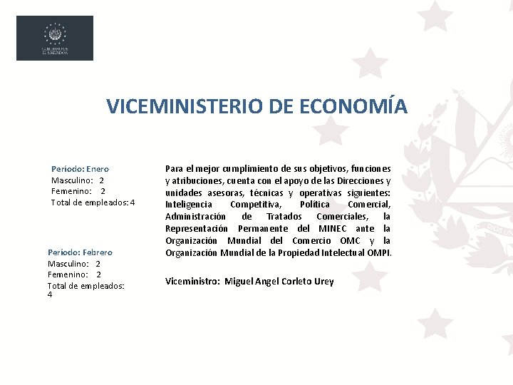 VICEMINISTERIO DE ECONOMÍA Período: Enero Masculino: 2 Femenino: 2 Total de empleados: 4 Período: