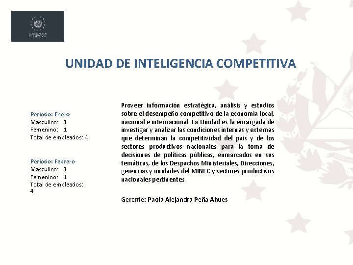 UNIDAD DE INTELIGENCIA COMPETITIVA Período: Enero Masculino: 3 Femenino: 1 Total de empleados: 4