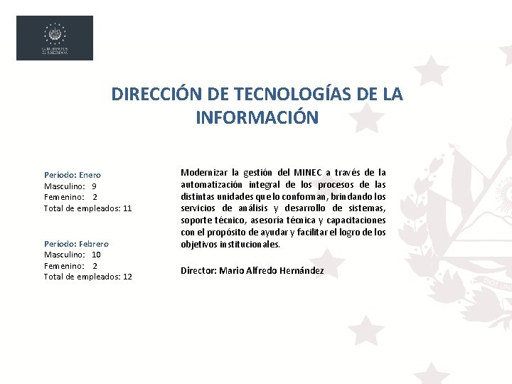 DIRECCIÓN DE TECNOLOGÍAS DE LA INFORMACIÓN Período: Enero Masculino: 9 Femenino: 2 Total de