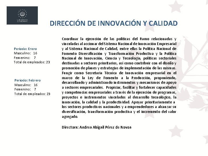 DIRECCIÓN DE INNOVACIÓN Y CALIDAD Período: Enero Masculino: 16 Femenino: 7 Total de empleados: