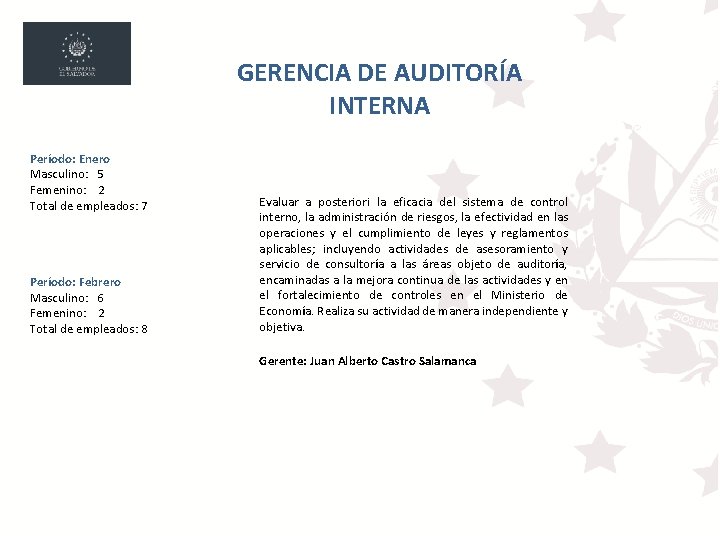 GERENCIA DE AUDITORÍA INTERNA Período: Enero Masculino: 5 Femenino: 2 Total de empleados: 7