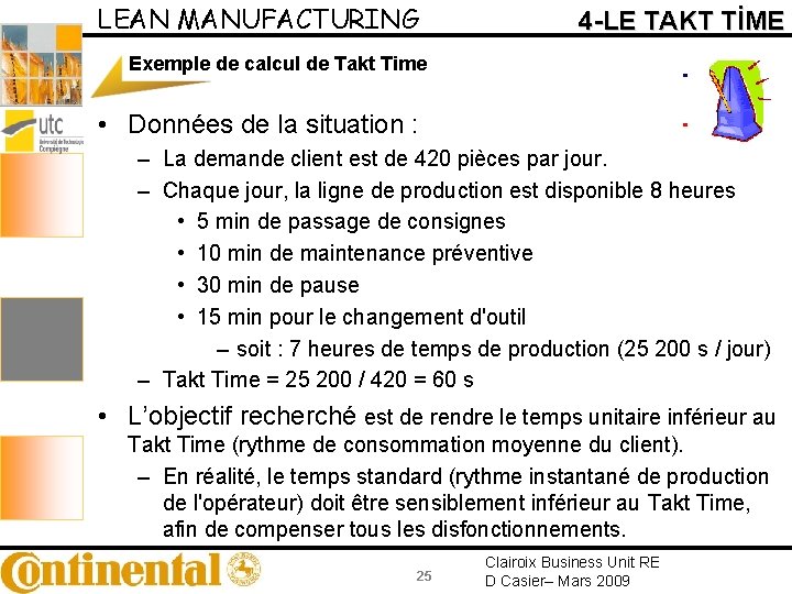 LEAN MANUFACTURING 4 -LE TAKT TİME Exemple de calcul de Takt Time • Données