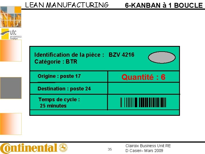 LEAN MANUFACTURING 6 -KANBAN à 1 BOUCLE Identification de la pièce : BZV 4216