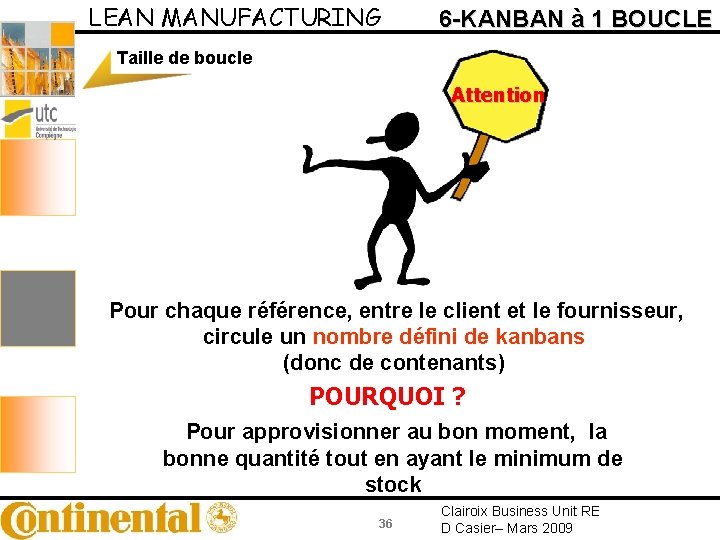 LEAN MANUFACTURING 6 -KANBAN à 1 BOUCLE Taille de boucle Attention Pour chaque référence,