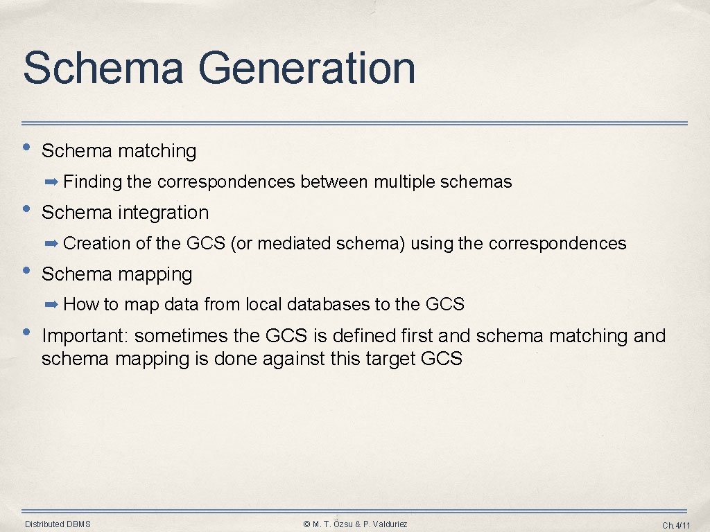 Schema Generation • Schema matching ➡ Finding the correspondences between multiple schemas • Schema