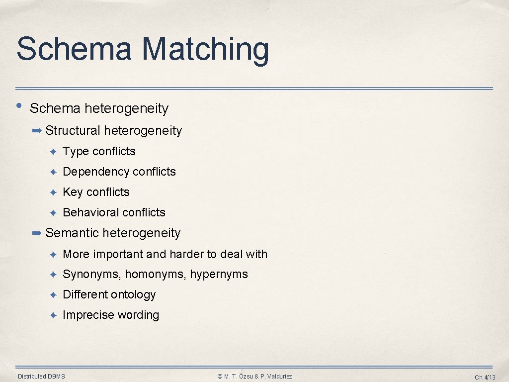 Schema Matching • Schema heterogeneity ➡ Structural heterogeneity ✦ Type conflicts ✦ Dependency conflicts Schema Matching • Schema heterogeneity ➡ Structural heterogeneity ✦ Type conflicts ✦ Dependency conflicts