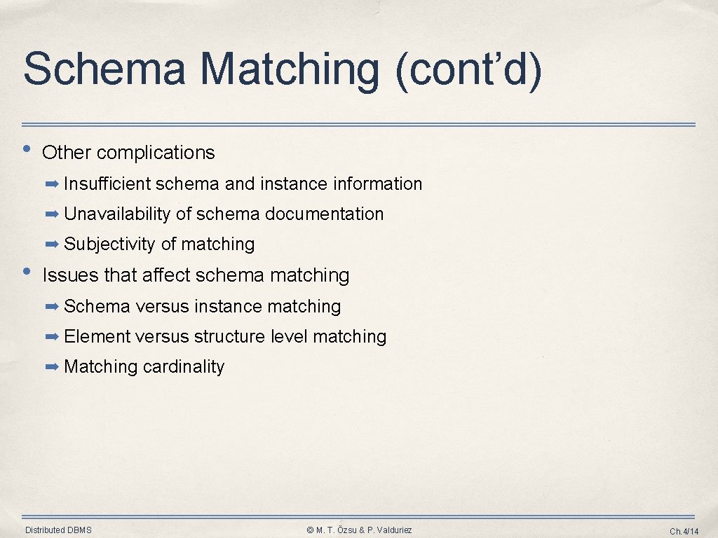Schema Matching (cont’d) • Other complications ➡ Insufficient schema and instance information ➡ Unavailability