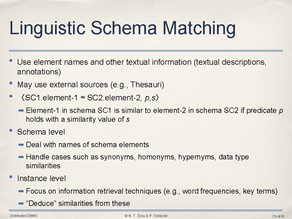Linguistic Schema Matching • Use element names and other textual information (textual descriptions, annotations) Linguistic Schema Matching • Use element names and other textual information (textual descriptions, annotations)